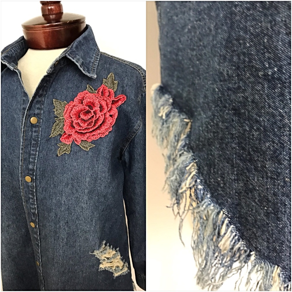 📍SALE Distressed Denim Rose Patch Jacket Shirt S - Picture 3 of 6